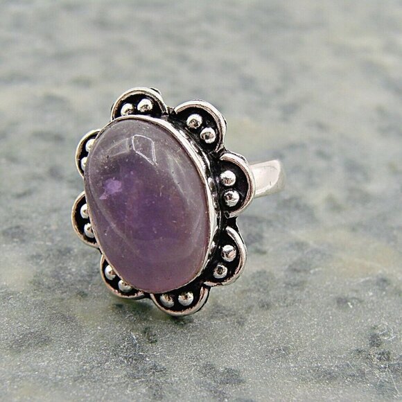 Amethyst Natural Stone Ring Sterling Silver Plated Birthstone Floral Frame 7.5 - Picture 1 of 10